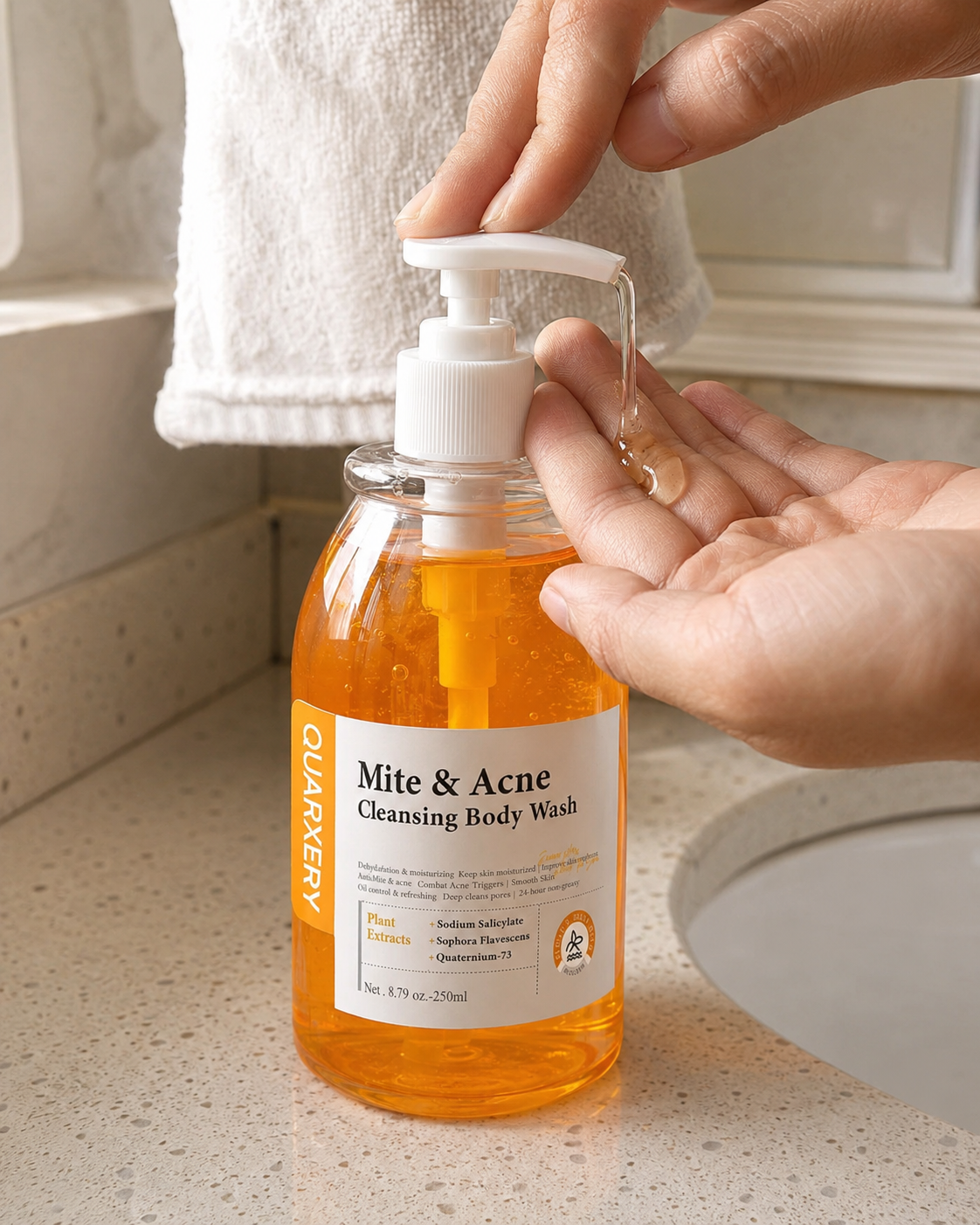 Dispensador del gel corporal Quarxery en uso