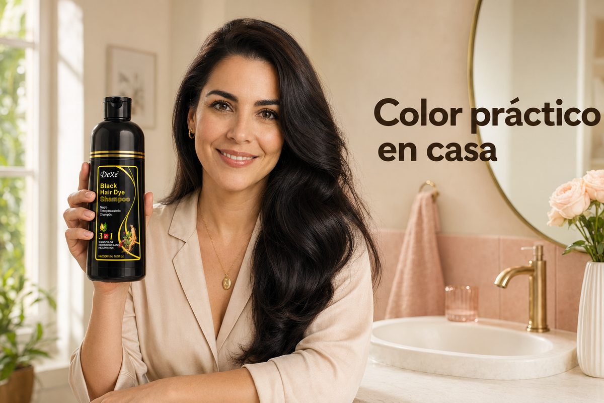 Shampoo tinte cubre canas DeXe en baño realista