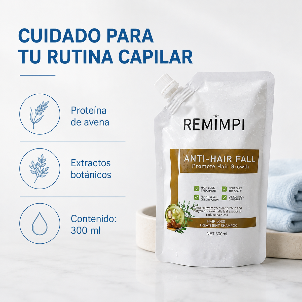 Shampoo REMIMPI - proteína de avena y extractos botánicos