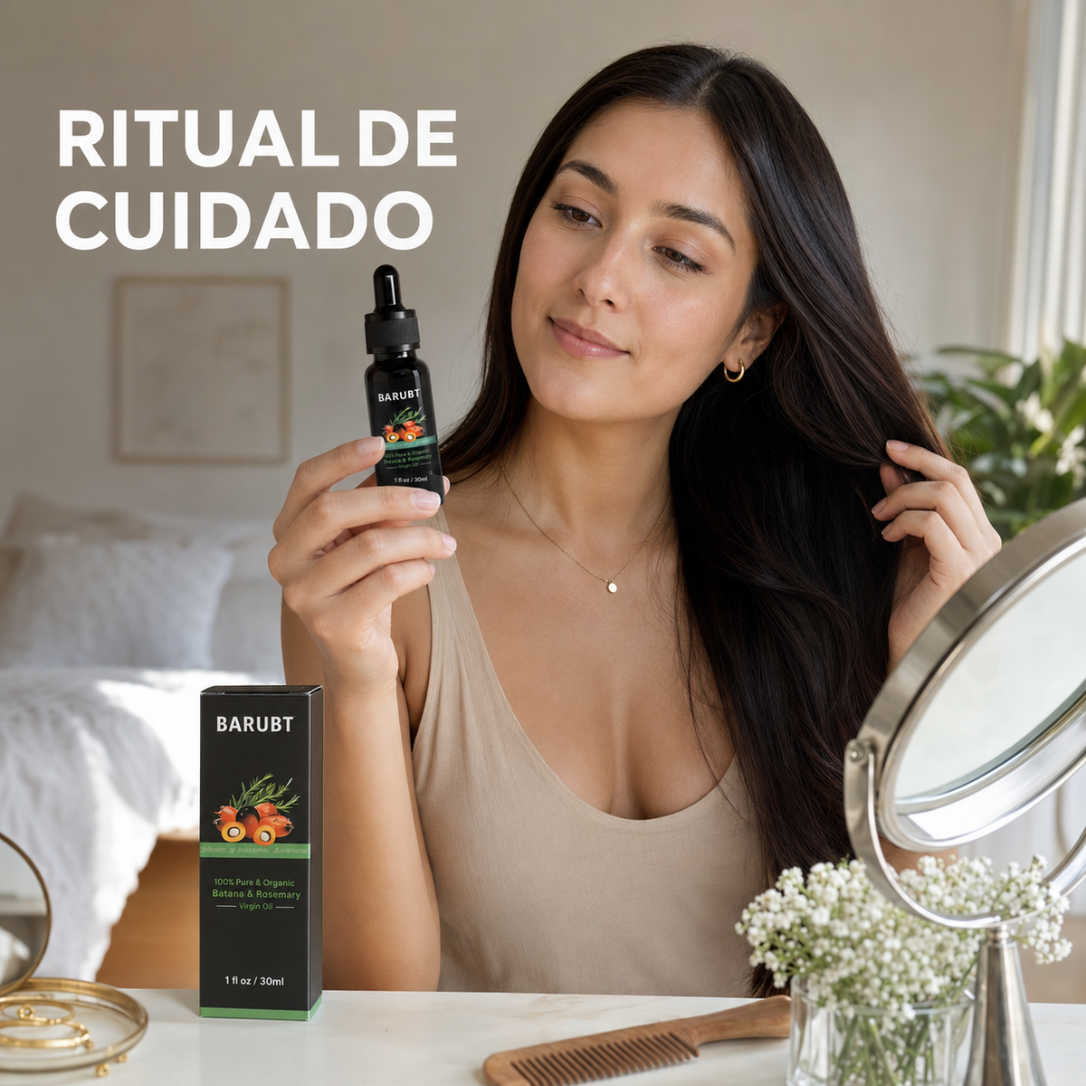 Ritual de cuidado con aceite capilar BARUBT