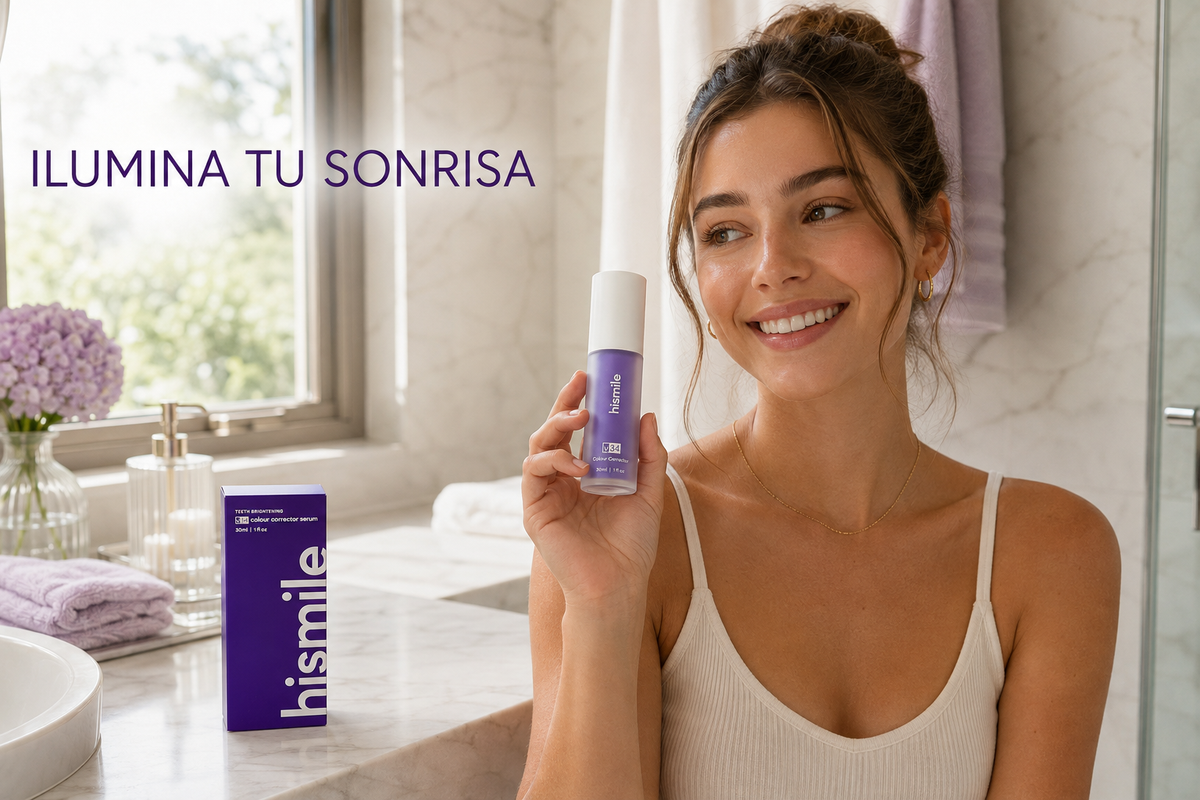 Modelo promocionando sérum corrector dental V34